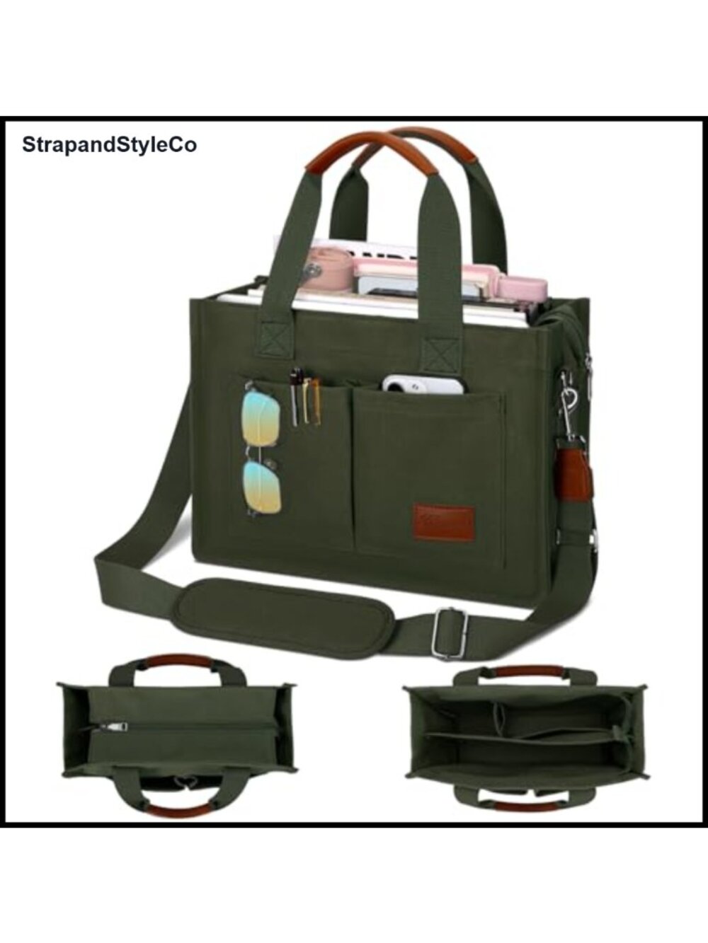 Large Canvas Tote Bag with Zipper and Compartments Crossbody Work Messenger